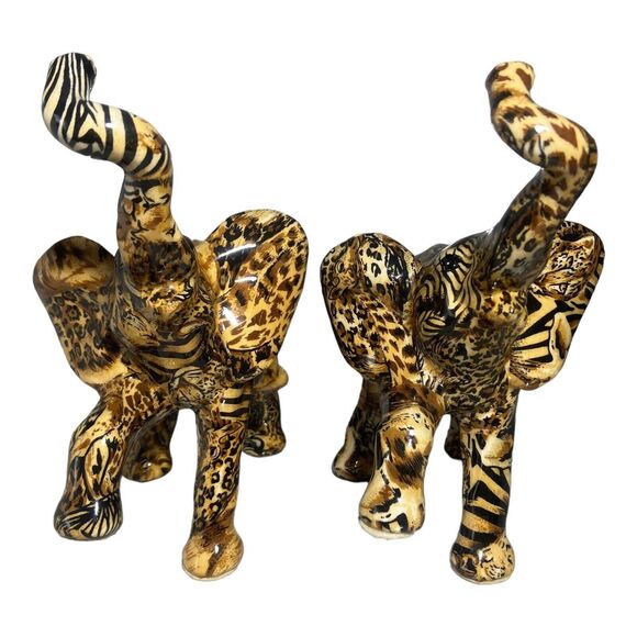 Lot of 2 La Vie Trunk Up Elephant Figurine Safari Animal Print Patchwork Ceramic - Picture 3 of 17